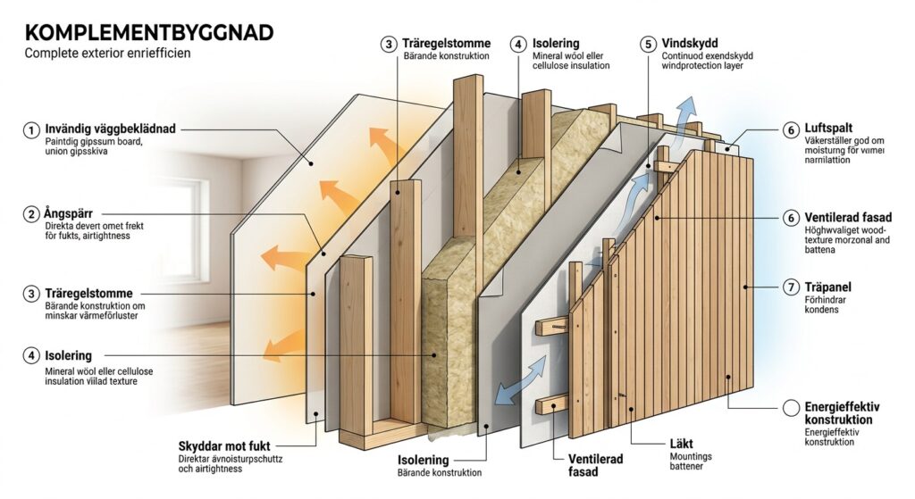 En genomskärning av en yttervägg till en välisolerad komplementbyggnad. Bilden visar de olika skikten inifrån och ut: gips/träpanel, ångspärr, isolering mellan träreglar, vindskydd, luftspalt (ventilerad fasad) och slutligen den yttre träpanelen.