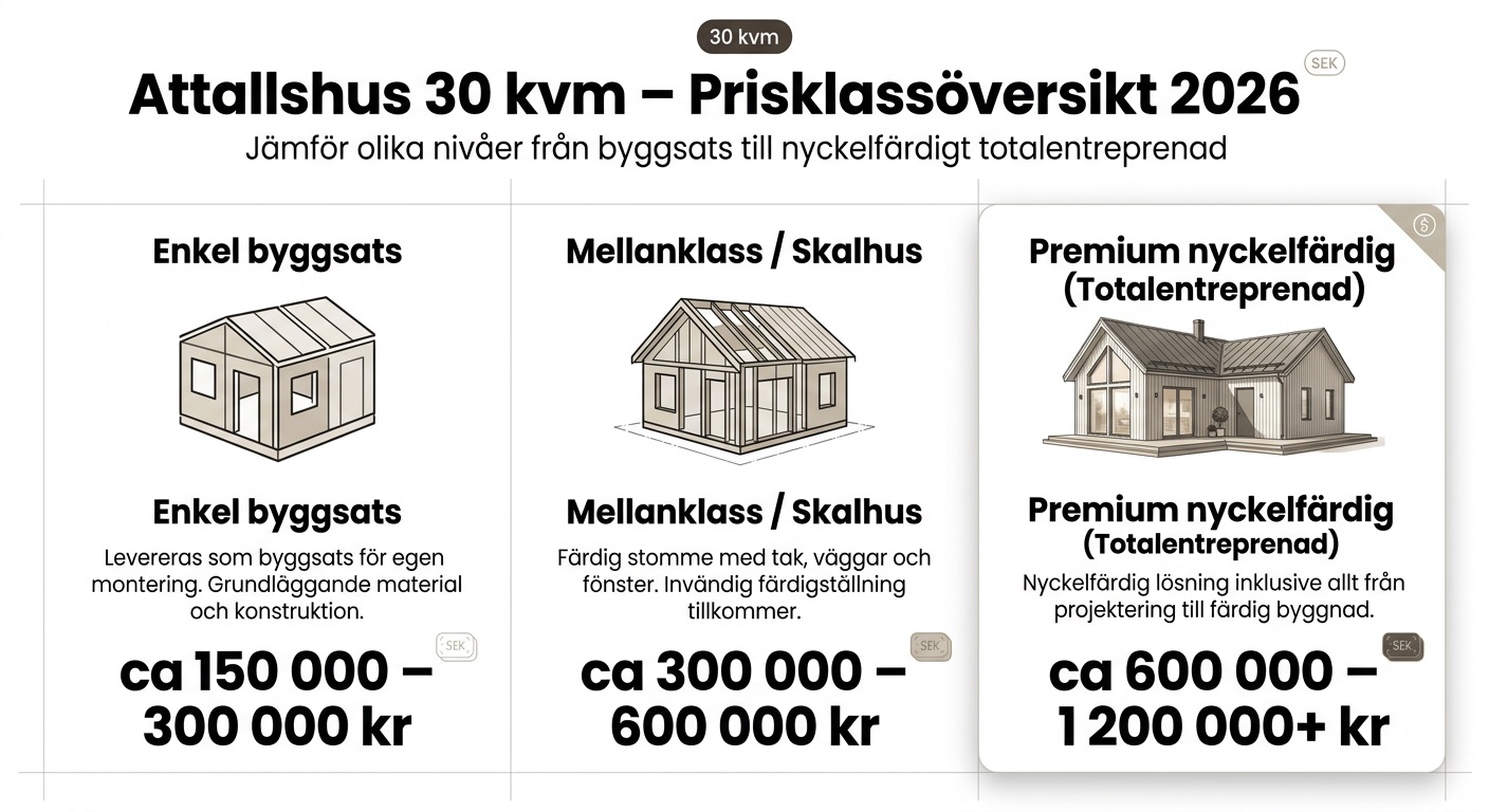 bygga attefallshus kostnad, nyckelfärdigt attefallshus pris, attefallshus byggsats, billigaste attefallshus, attefallshus 30 kvm pris, totalentreprenad attefallshus, attefallshus regler 2026, Markarbete, bygganmälan, startbesked, grundläggning, komplementbostadshus, Boverkets byggregler, VVS-installation, lösvirke, nyckelfärdiga moduler
