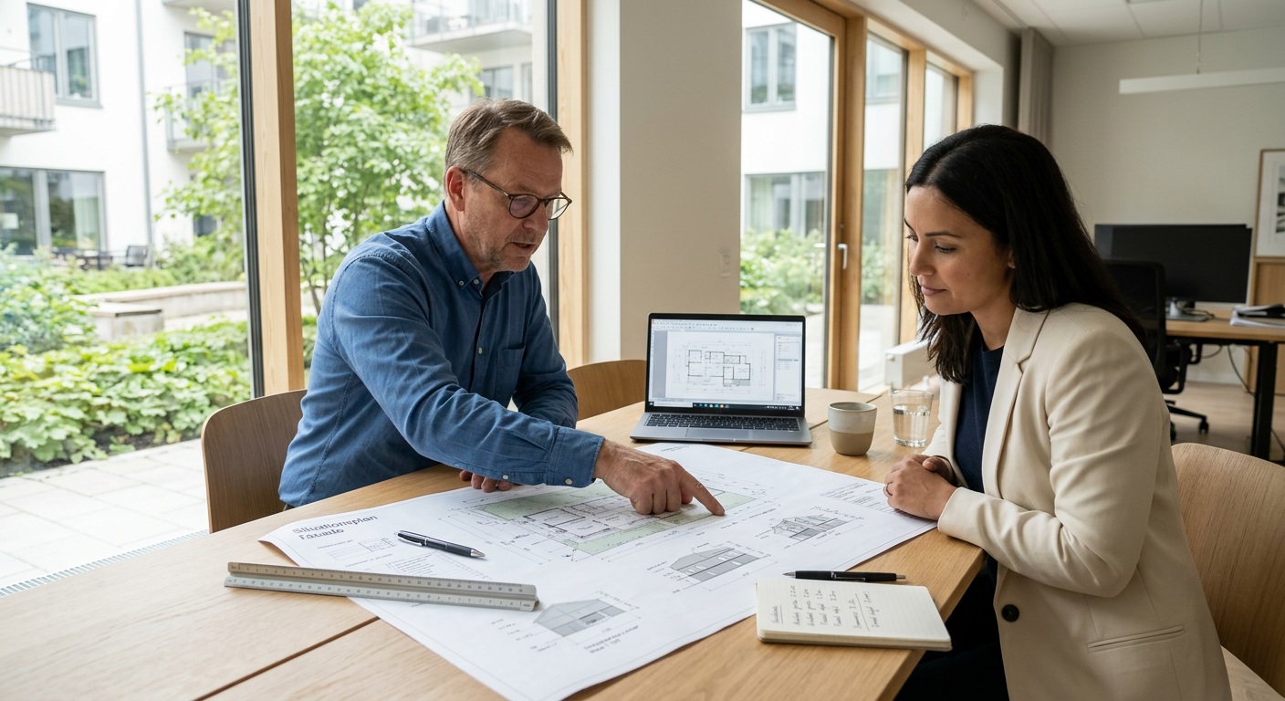 En konsult och en fastighetsägare sitter tillsammans vid ett mötesbord i ett ljust kontor. De studerar en utskriven situationsplan och en fasadritning tillsammans, medan konsulten förklarar hur handlingarna matchar kommunens detaljplan. ritningar till bygglov
konstruktionsritningar
k ritning
bygglovsritningar
situationsplan bygglov
bygglov hjälp
sektionsritning bygglov
hjälp med bygglovsansökan
hjälp med bygglovsritningar
bygglovsritningar skåne
färdiga bygglovsritningar
ritningsarkivet skellefteå
pris bygglovsritningar
vad kostar konstruktionsritningar
fasadritning bygglov
konstruktionsritningar
hjälp med bygglov
bygglov hjälp
bygglovsritningar
hjälp med bygglovsritningar