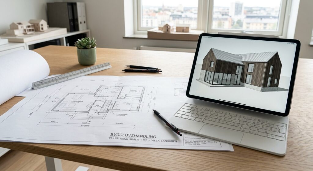 En översiktlig bild av ett ljust skrivbord där en fackmässig och detaljerad byggnadsritning i skala 1:100 ligger utbredd bredvid en modern surfplatta som visar en digital 3D-modell av samma hus. Symboliserar kopplingen mellan traditionell dokumentation och modern arkitektur.   byggnadsritning

planritning bygglov
bygglov ritning
ritning bygglov
bygglov planritning
planritning stockholm
planritning lägenhet
fasadritning
bygglovshandlingar
rita ett hus
rita hus
